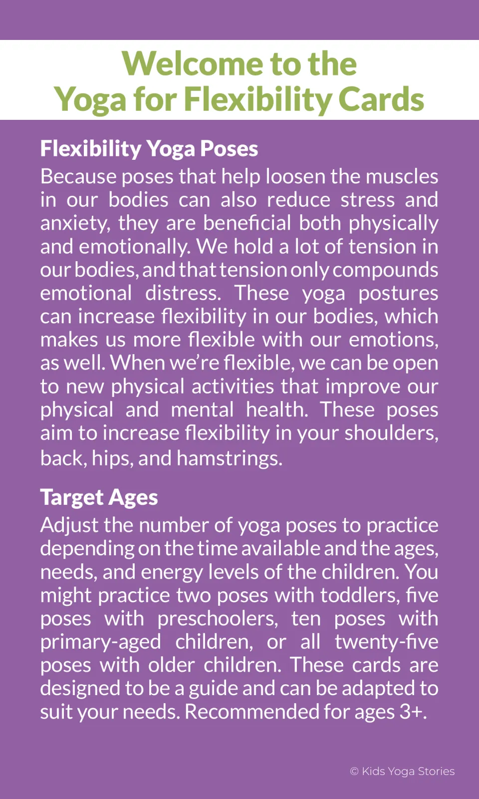 Introduction to the flexibility cards explains their focus and adapting pose counts for children ages 3+