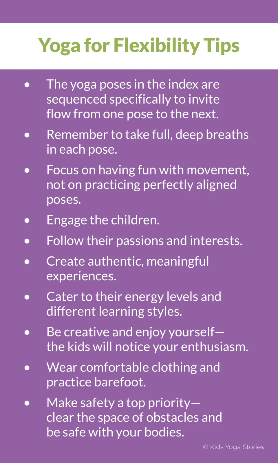 First yoga flexibility tips card covers deep breaths, enjoyable movement, children’s interests, and safety