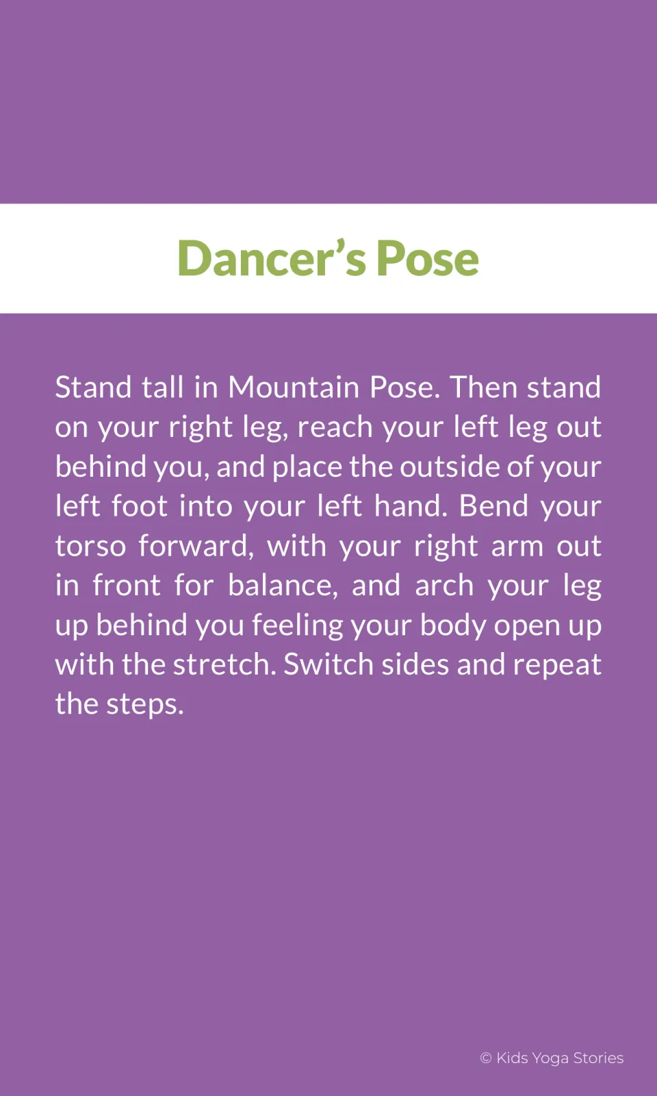 Dancer’s Pose instruction card explains standing on one leg, holding the other foot, and switching sides