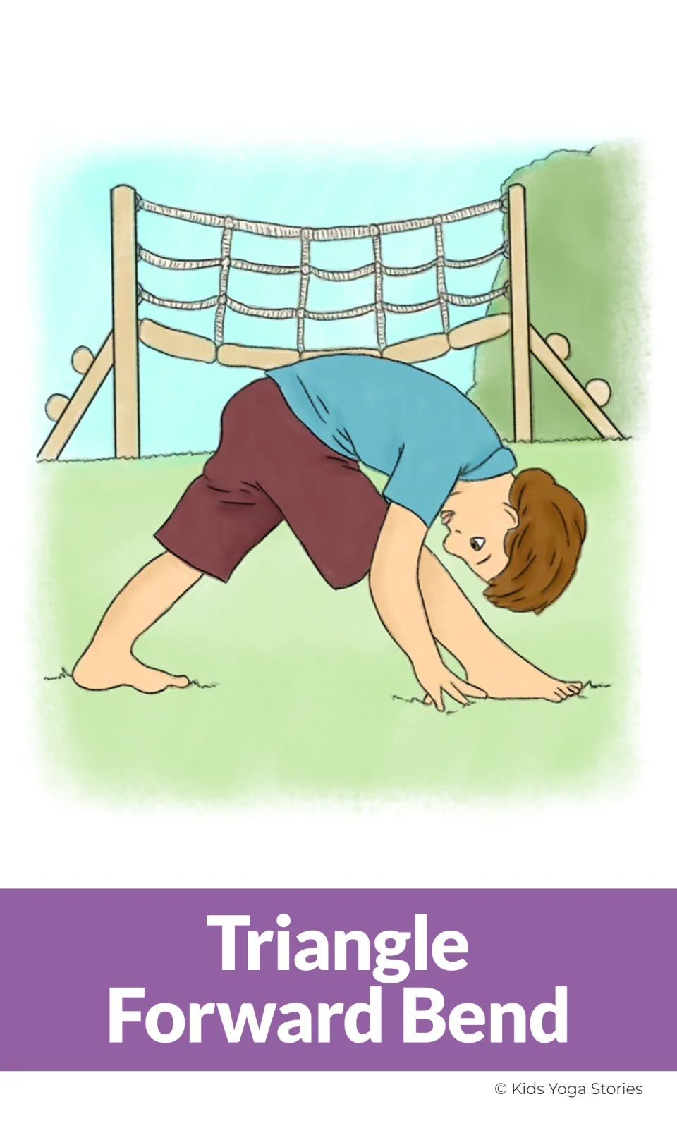 Triangle Forward Bend illustration card shows a child bending over the front leg with hands near the foot