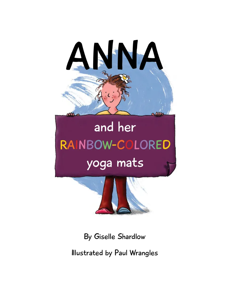 Yoga storybook title page showing Anna holding a purple mat, with author and illustrator credits