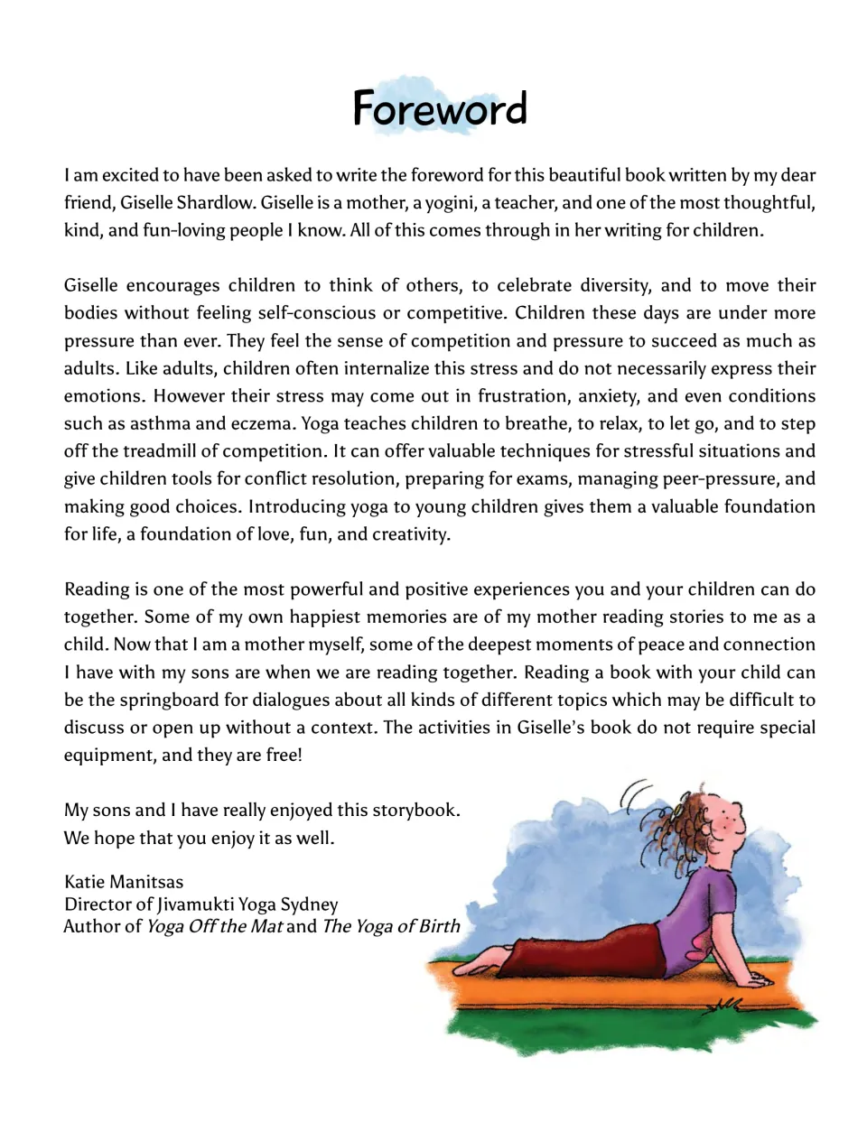 Storybook foreword by Katie Manitsas discusses children's yoga, celebrating diversity, and reading together