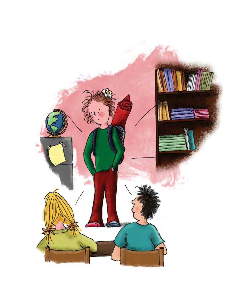 Story illustration introducing Anna in her new classroom, carrying a backpack with a rolled red yoga mat