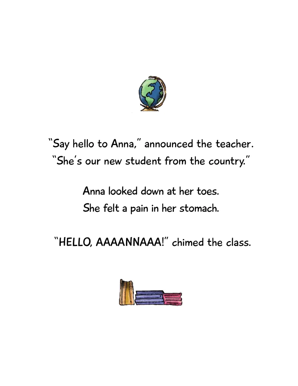 Story text introduces Anna as a new student from the country; she looks down and feels pain in her stomach