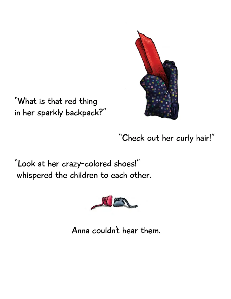 Story text follows classmates whispering about Anna's red mat, curly hair, and shoes; she cannot hear them