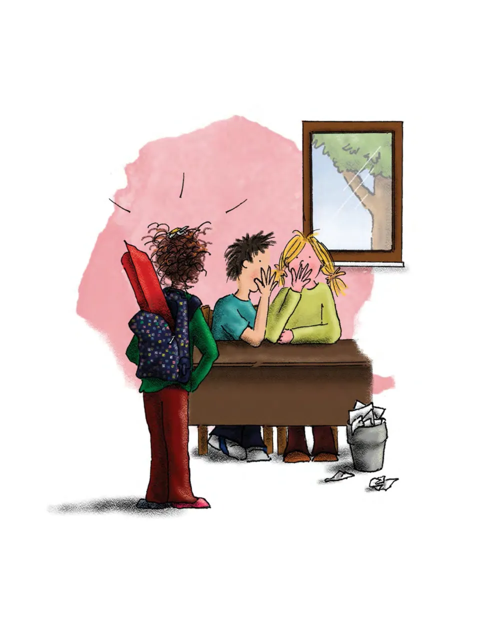 Story illustration shows Anna facing two whispering classmates, with her red yoga mat in her backpack
