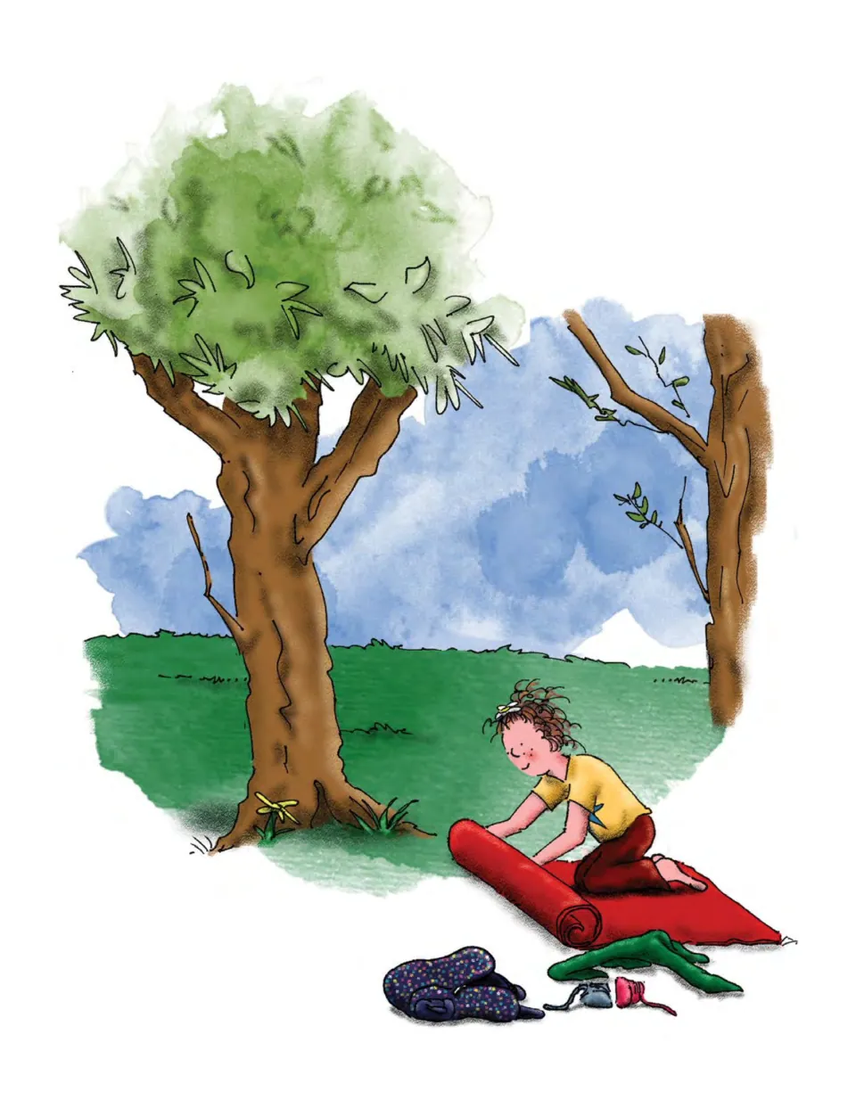 Story illustration shows Anna unrolling her red yoga mat beside a tree, with her shoes and backpack nearby
