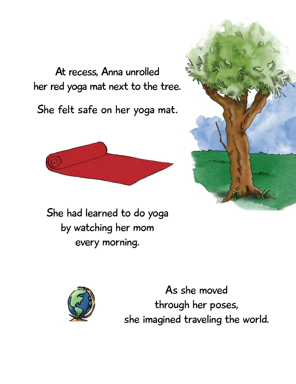Story text explains Anna feels safe on her yoga mat, learned yoga from her mom, and imagines world travel