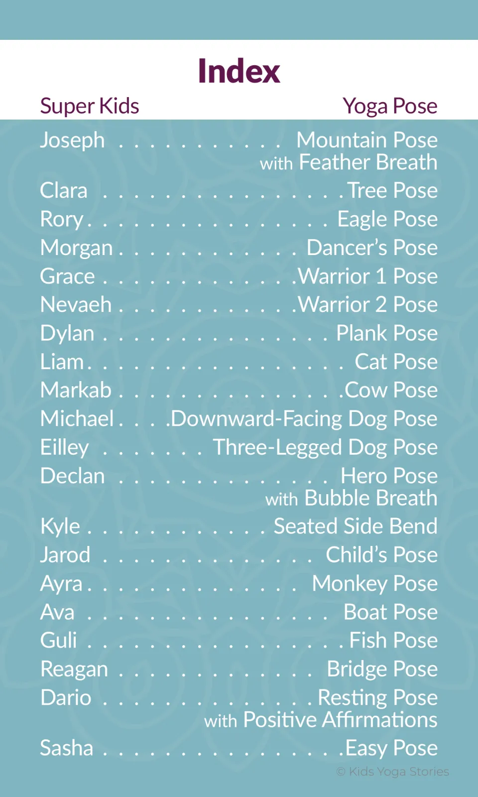 Yoga deck index pairing 20 children with poses, from Joseph's Mountain Pose to Sasha's Easy Pose