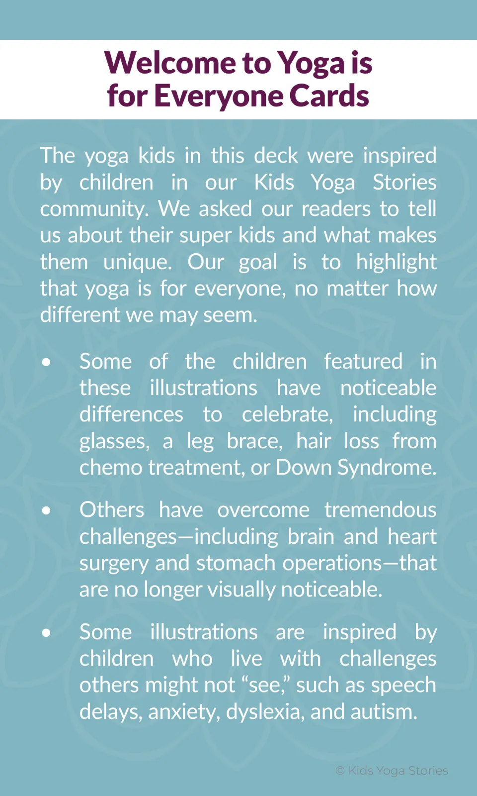 Yoga deck introduction explaining how real children with diverse abilities and experiences inspired the cards