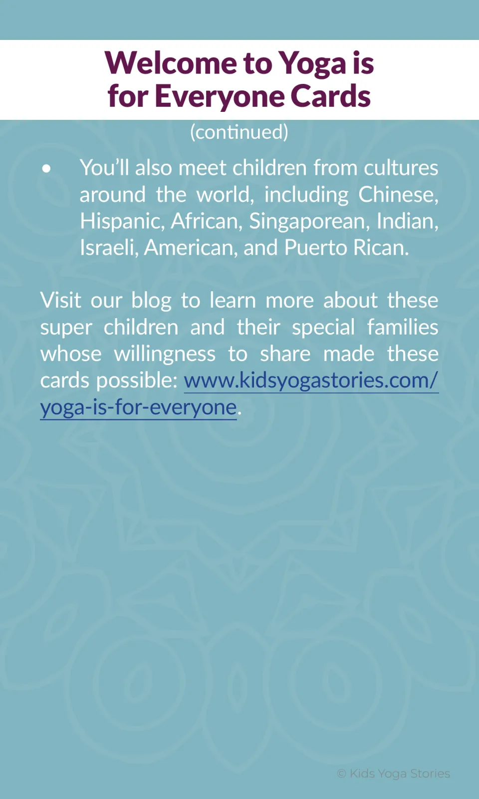 Yoga deck introduction continued, naming cultural backgrounds represented and thanking participating families