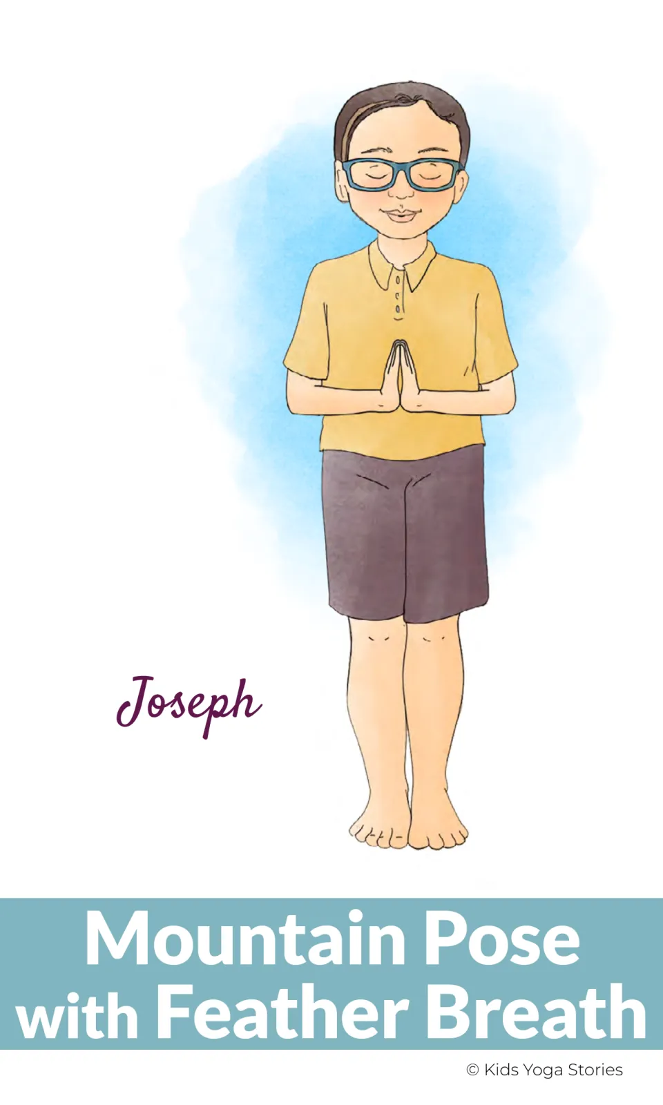 Yoga pose card 1 of 20: Joseph demonstrates Mountain Pose with Feather Breath, standing with palms together