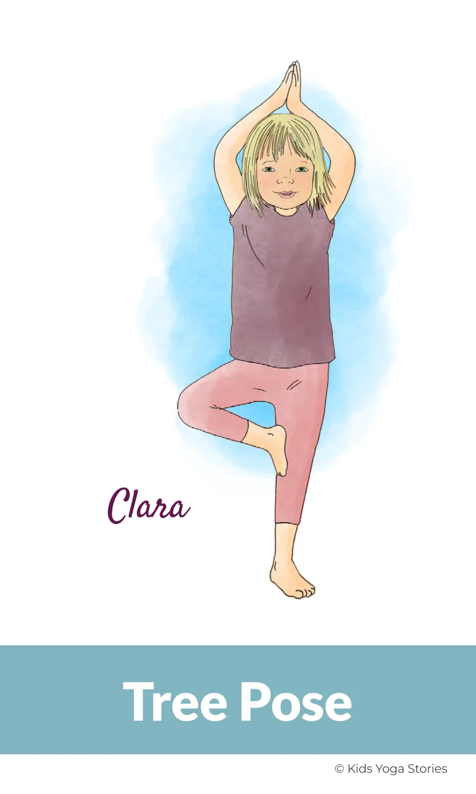 Yoga pose card 2 of 20: Clara demonstrates Tree Pose, balancing on one leg with her palms together overhead