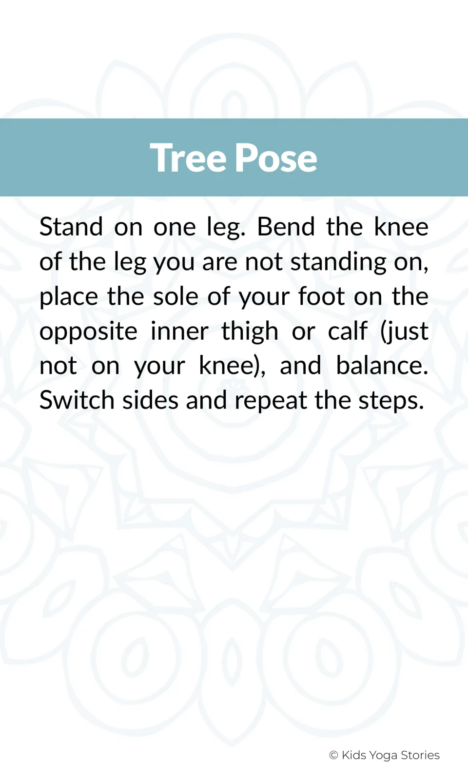 Yoga instruction card 2: Tree Pose explains balancing with a foot on the inner thigh or calf, then switching
