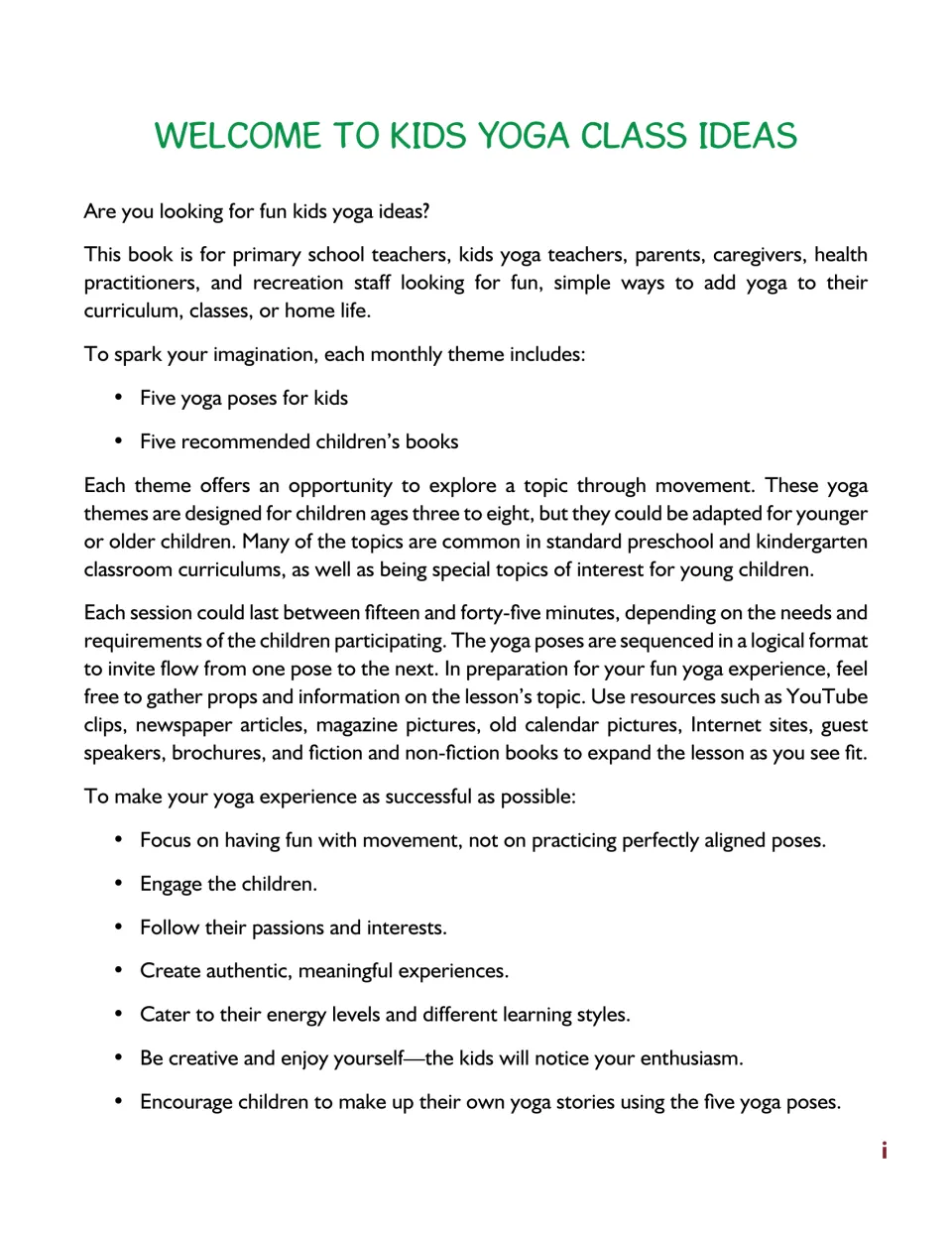 Welcome introduction: each monthly theme has five yoga poses and five children's books, plus tips for running sessions