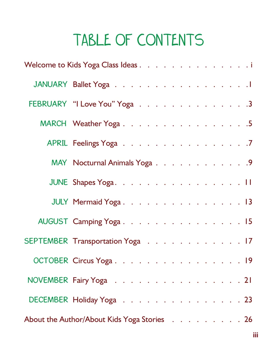 Table of contents listing a yoga theme for each month, from January Ballet Yoga to December Holiday Yoga