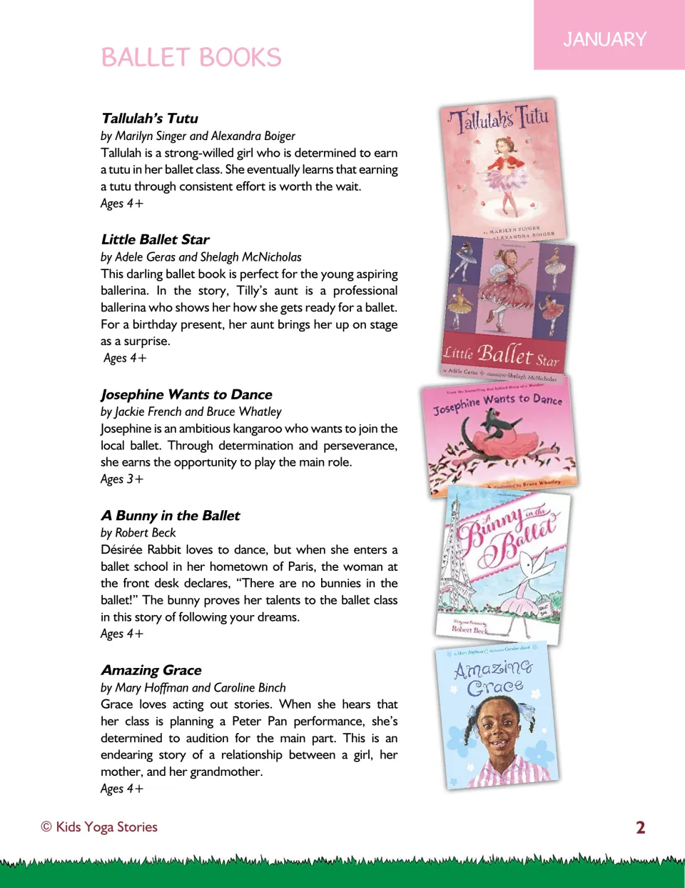 January ballet book list: five picture books such as Tallulah's Tutu and Amazing Grace with summaries and age ranges