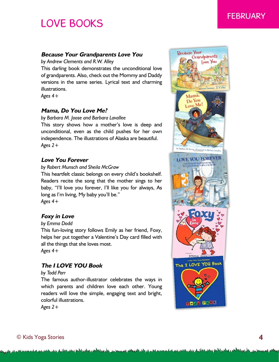 February love book list: five picture books including Love You Forever and The I LOVE YOU Book, with summaries and ages