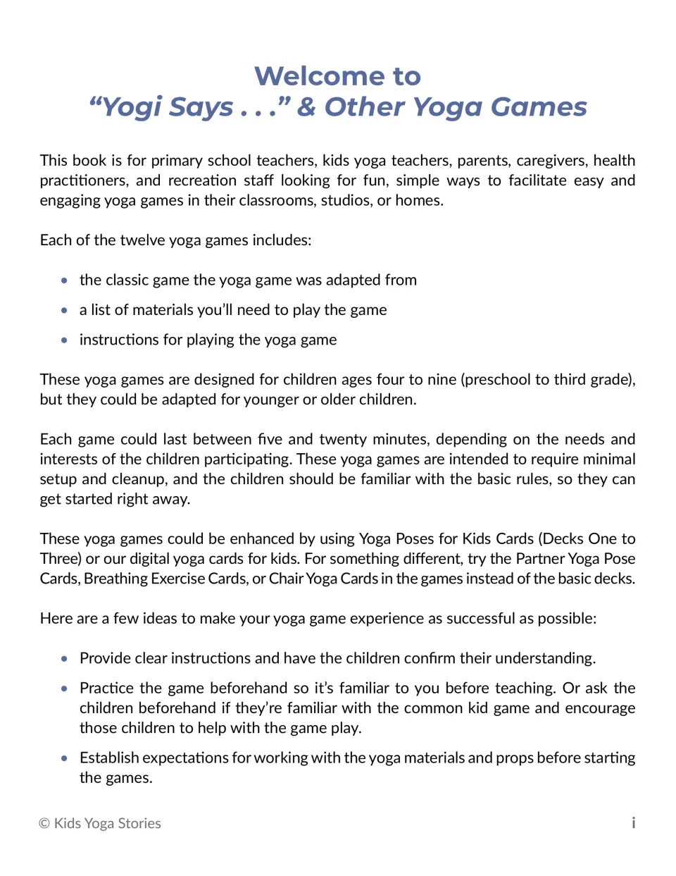 Welcome page: who the yoga games are for, what each of the 12 games includes, ages four to nine, and tips for running them