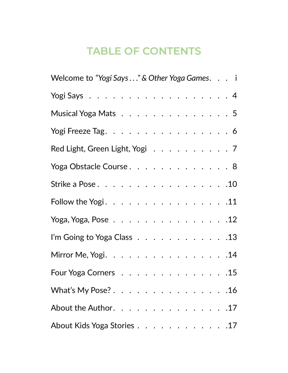 Table of contents for the twelve games: Musical Yoga Mats, Yogi Freeze Tag, Four Yoga Corners, What's My Pose? and more