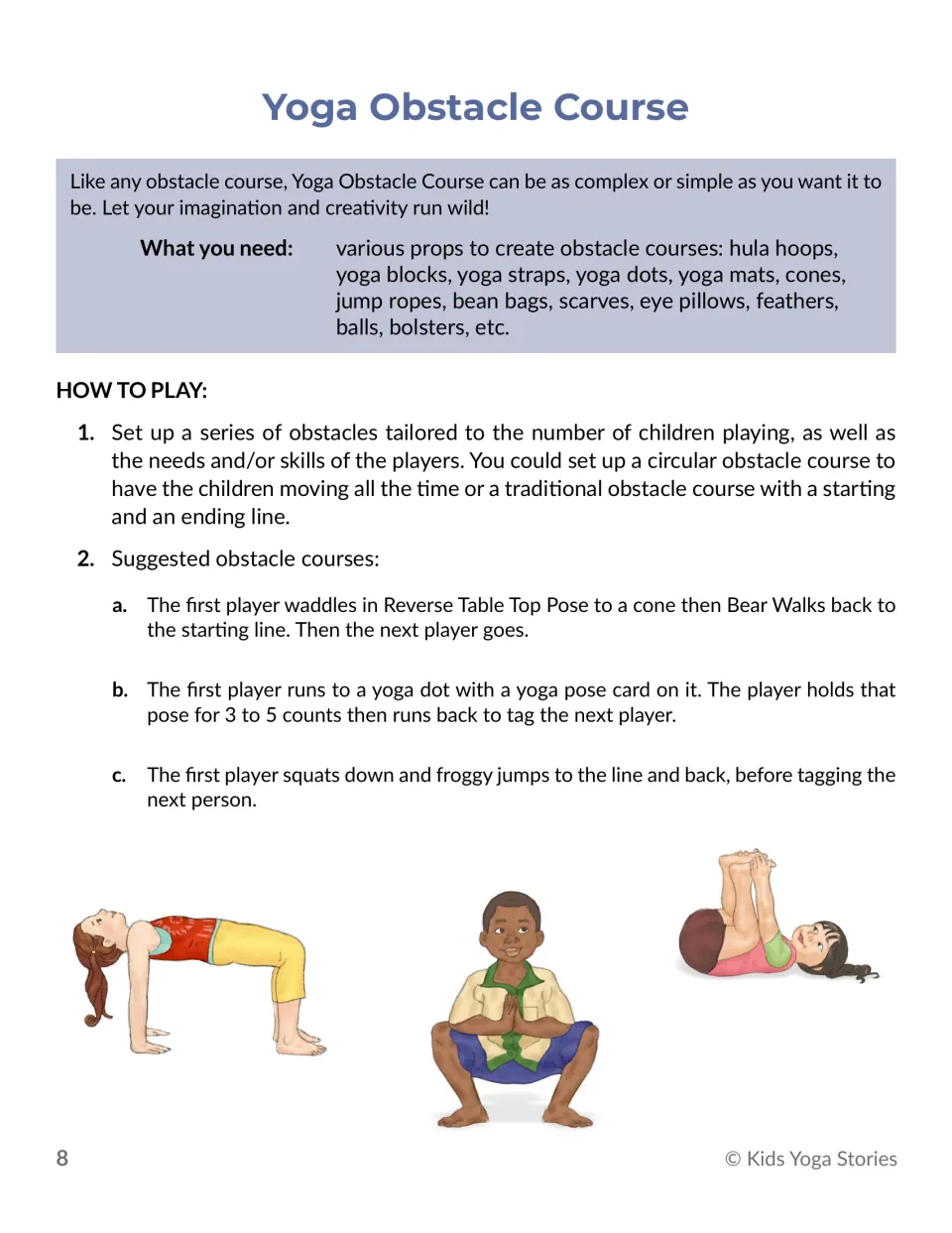 Yoga Obstacle Course setup: props list such as hula hoops and blocks, plus course ideas like Bear Walks and froggy jumps