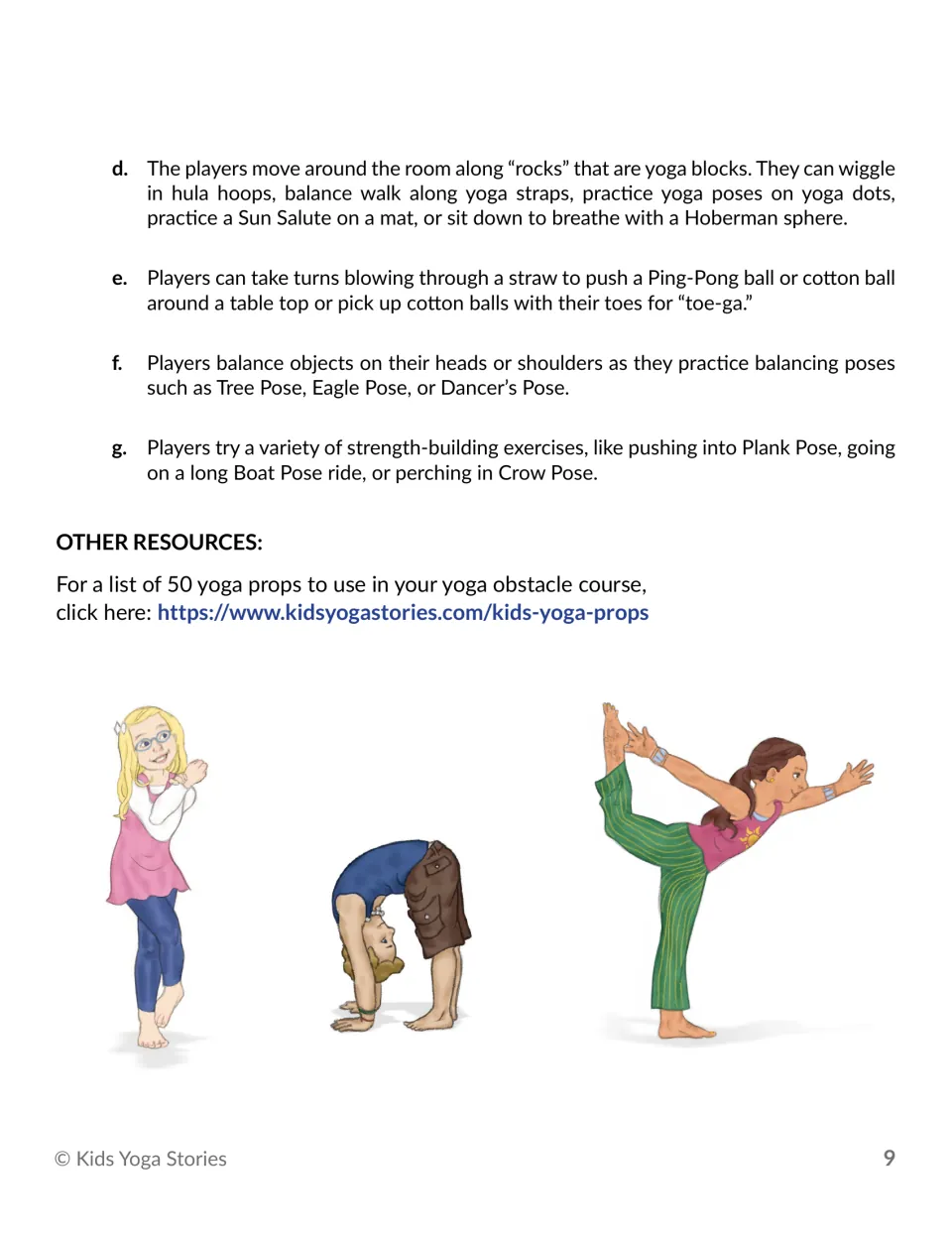 More obstacle course stations: toe-ga with cotton balls, balancing objects in Tree or Dancer's Pose, and Plank Pose