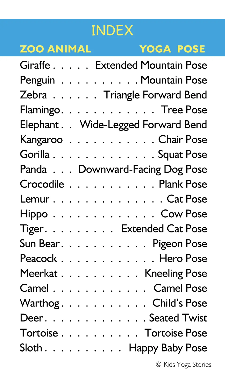 Yoga sequence index matching 20 zoo animals to poses, from giraffe in Extended Mountain to sloth in Happy Baby
