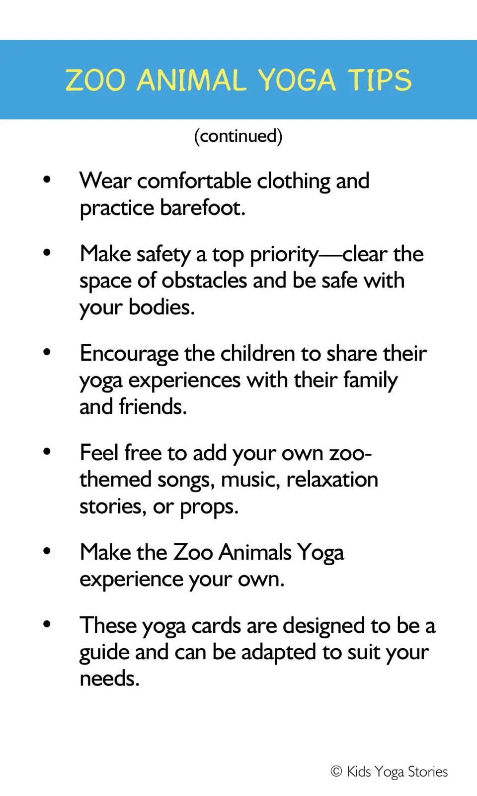 Continued zoo animal yoga tips cover clothing, safe space, sharing experiences, and adding songs or props