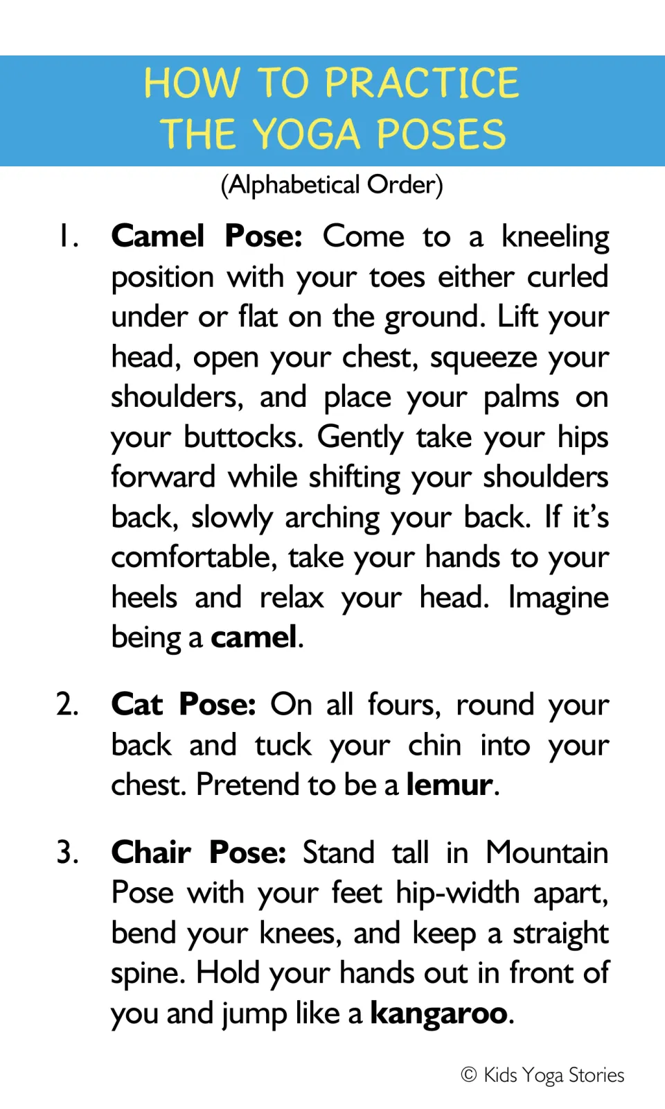 Yoga pose instructions 1–3: Camel as a camel, Cat as a lemur, and Chair with jumping like a kangaroo