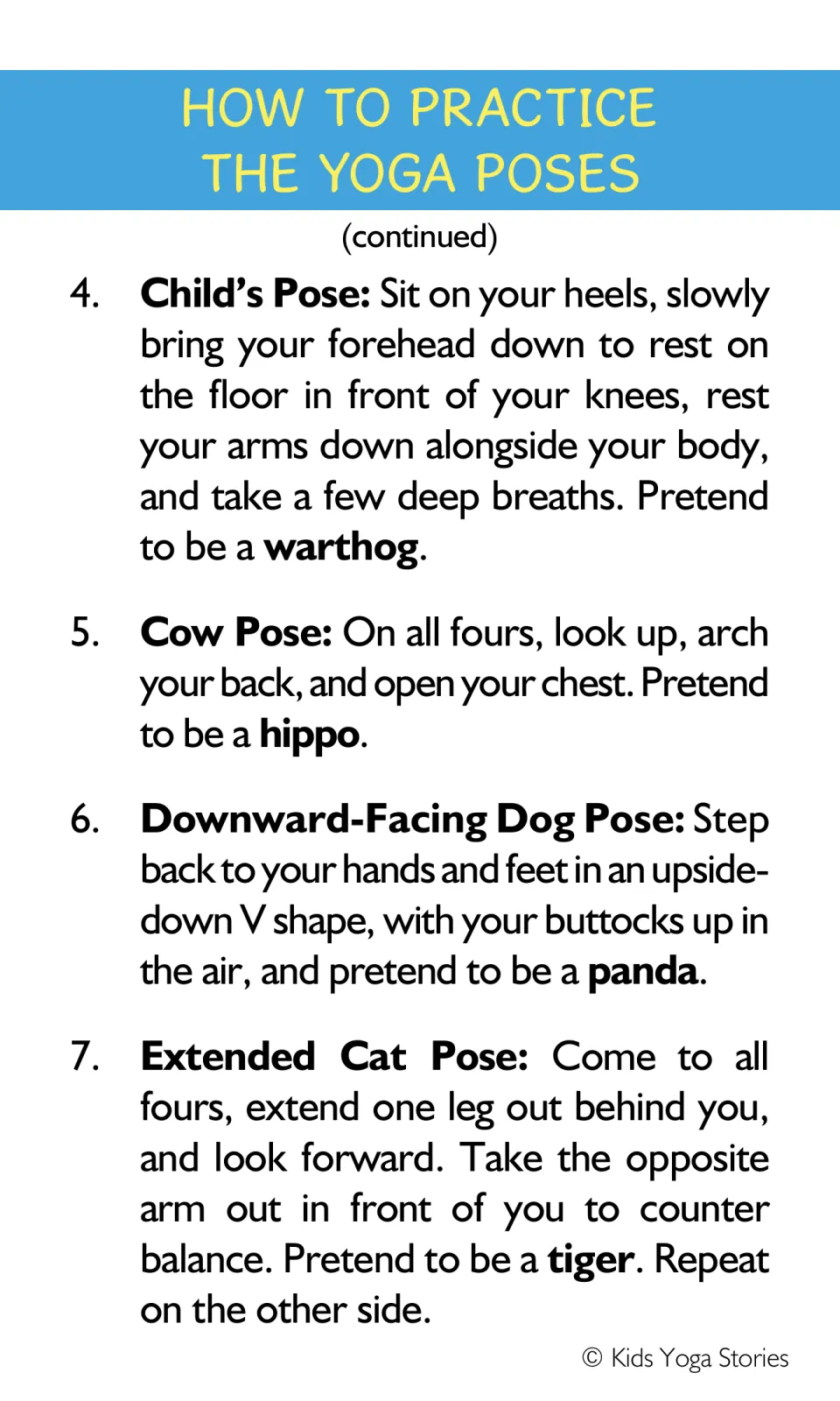 Yoga pose instructions 4–7 pair Child's, Cow, Downward-Facing Dog, and Extended Cat with four zoo animals