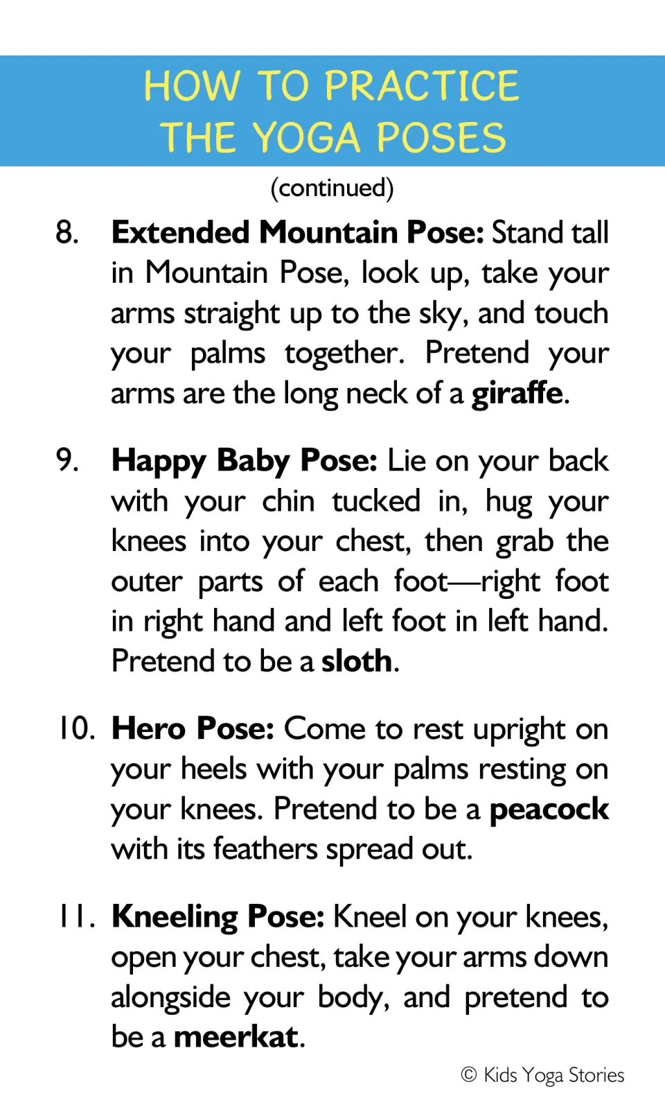 Yoga pose instructions 8–11: Extended Mountain, Happy Baby, Hero, and Kneeling with animal pretend prompts