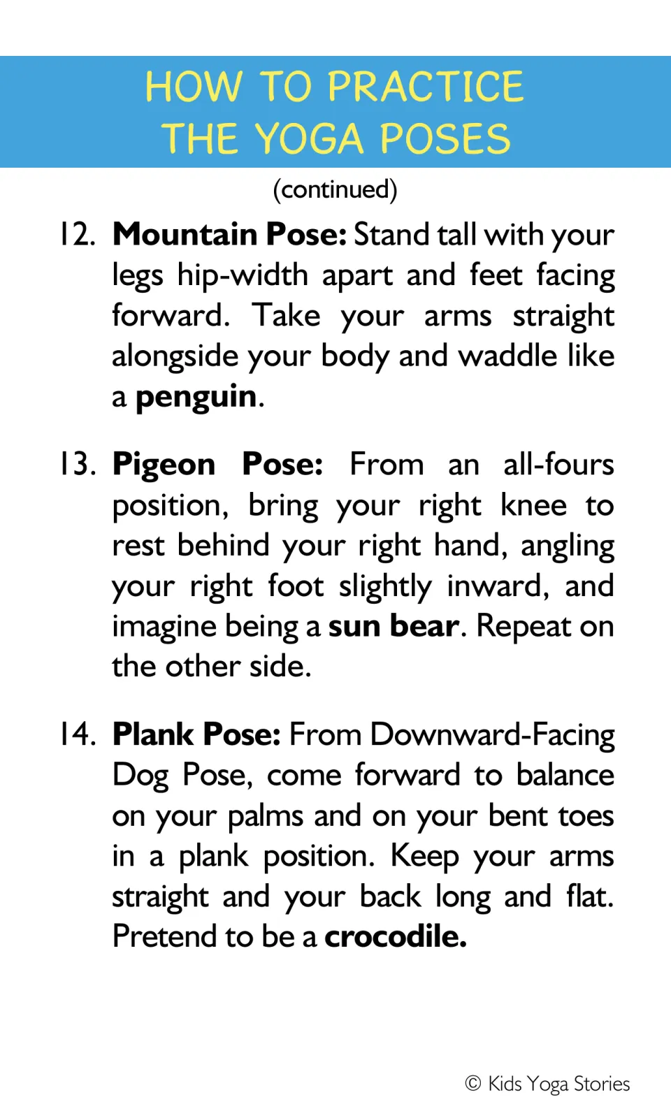 Yoga pose instructions 12–14 pair Mountain with penguin, Pigeon with sun bear, and Plank with crocodile