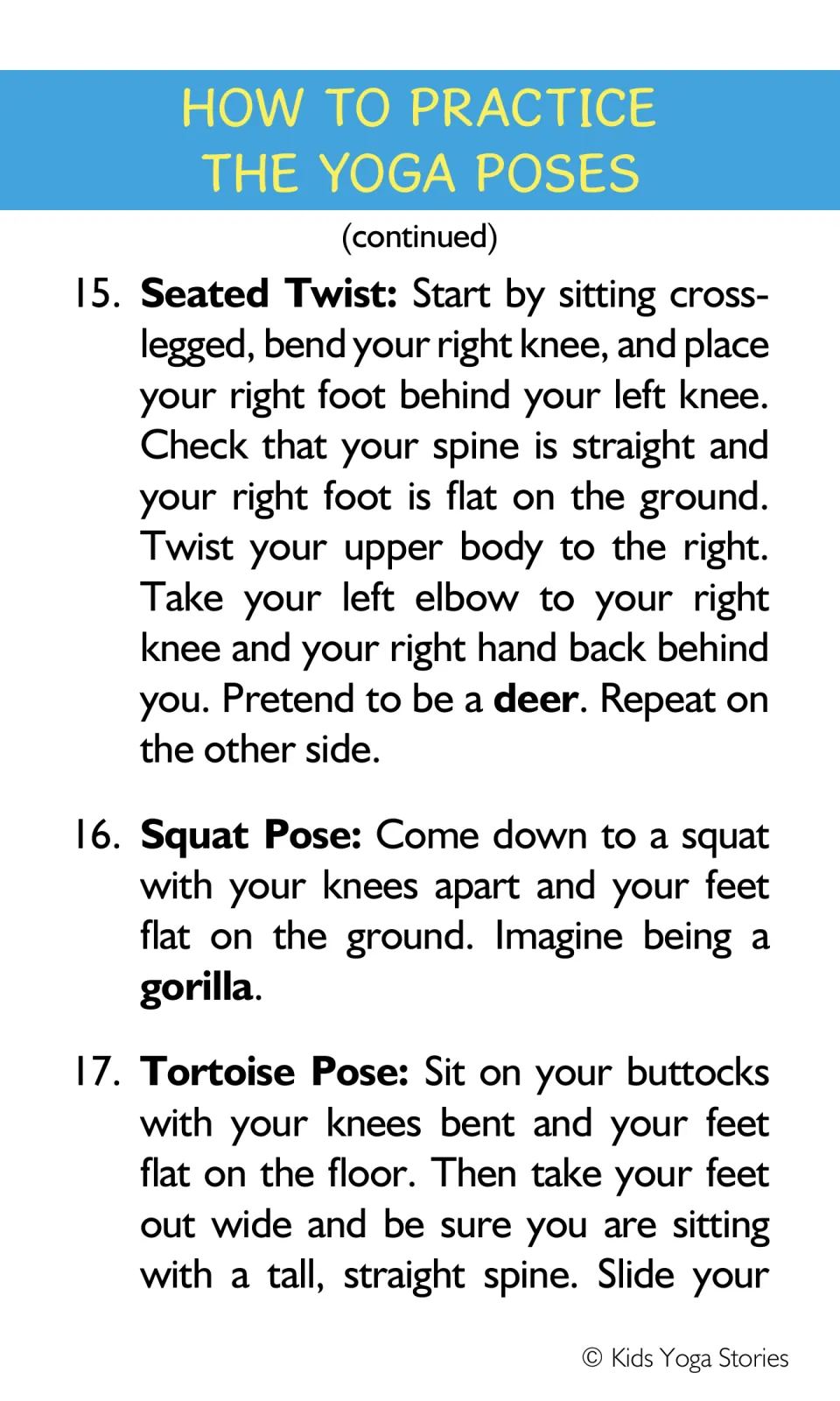 Yoga instructions 15–17 cover Seated Twist as a deer, Squat as a gorilla, and the start of Tortoise Pose