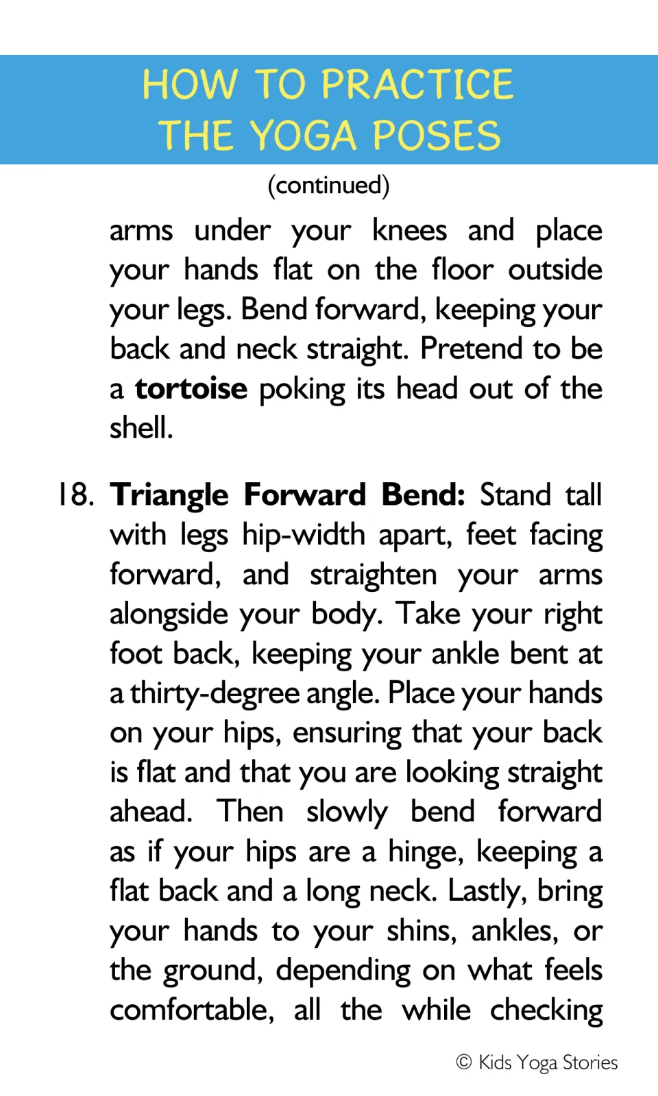 Yoga guide continues Tortoise Pose instructions and begins instruction 18, Triangle Forward Bend