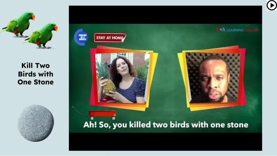 Video lesson slide shows an English in a Minute segment with two speakers using the idiom in conversation