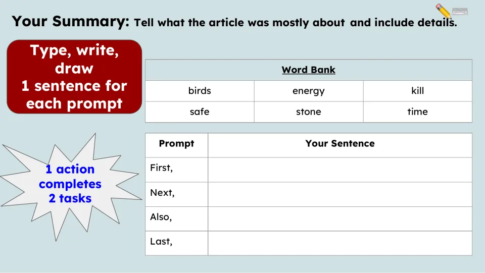 Summary activity asks for one sentence each using First, Next, Also, and Last, supported by a word bank