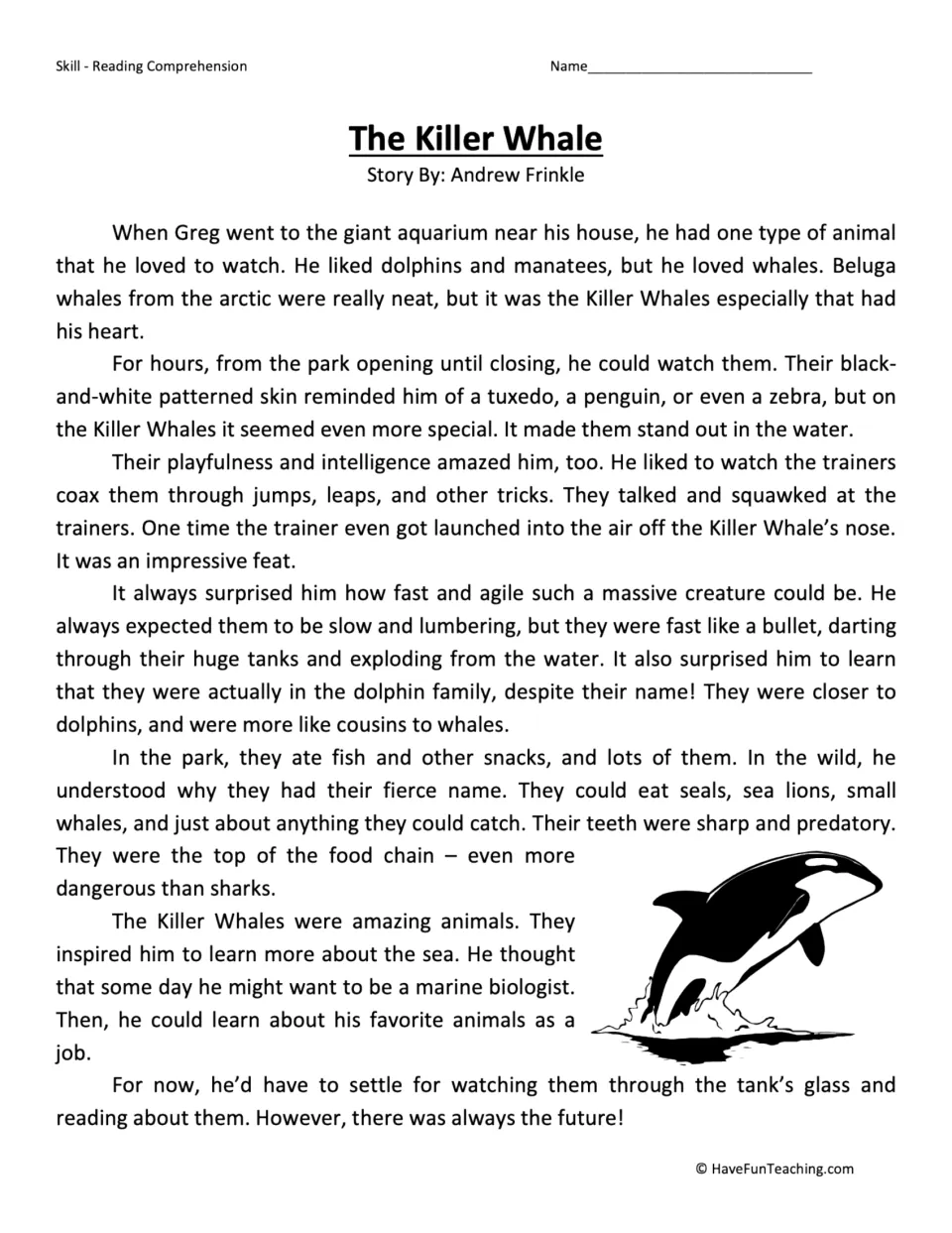 Reading passage about Greg watching killer whales at the aquarium and hoping to become a marine biologist.