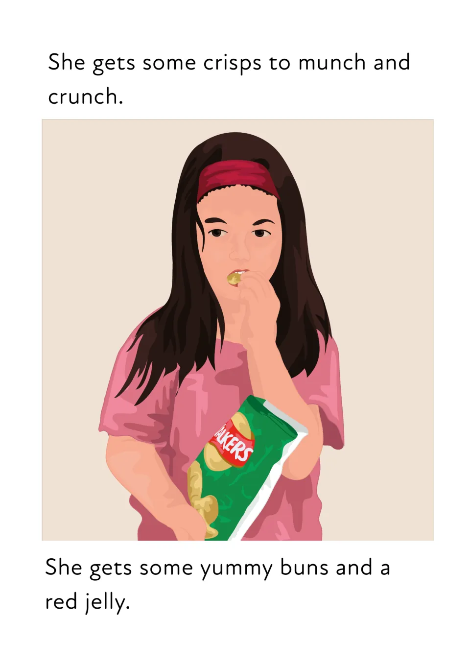Story page: Kim munches crisps and gets buns and a red jelly; students decode y endings such as yummy