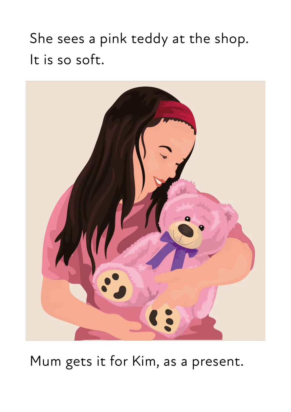 Story page: Kim hugs a soft pink teddy that Mum buys as a present; readers practise the short y ending