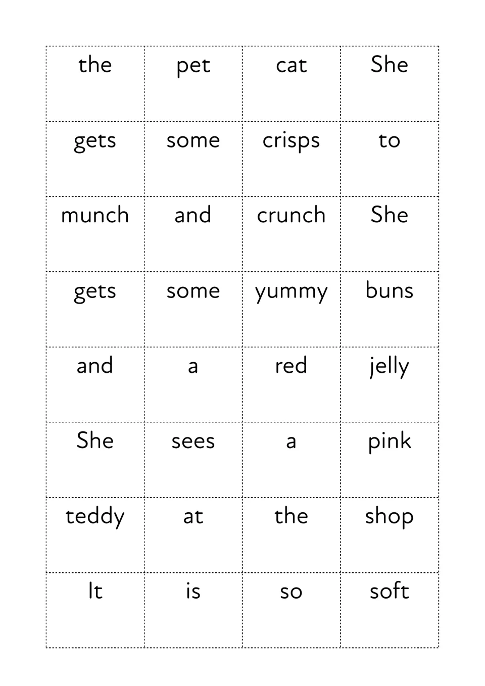 Cut-out piece of the sentence maker: word cards crisps, munch, crunch, yummy, jelly, teddy and soft for sentence building