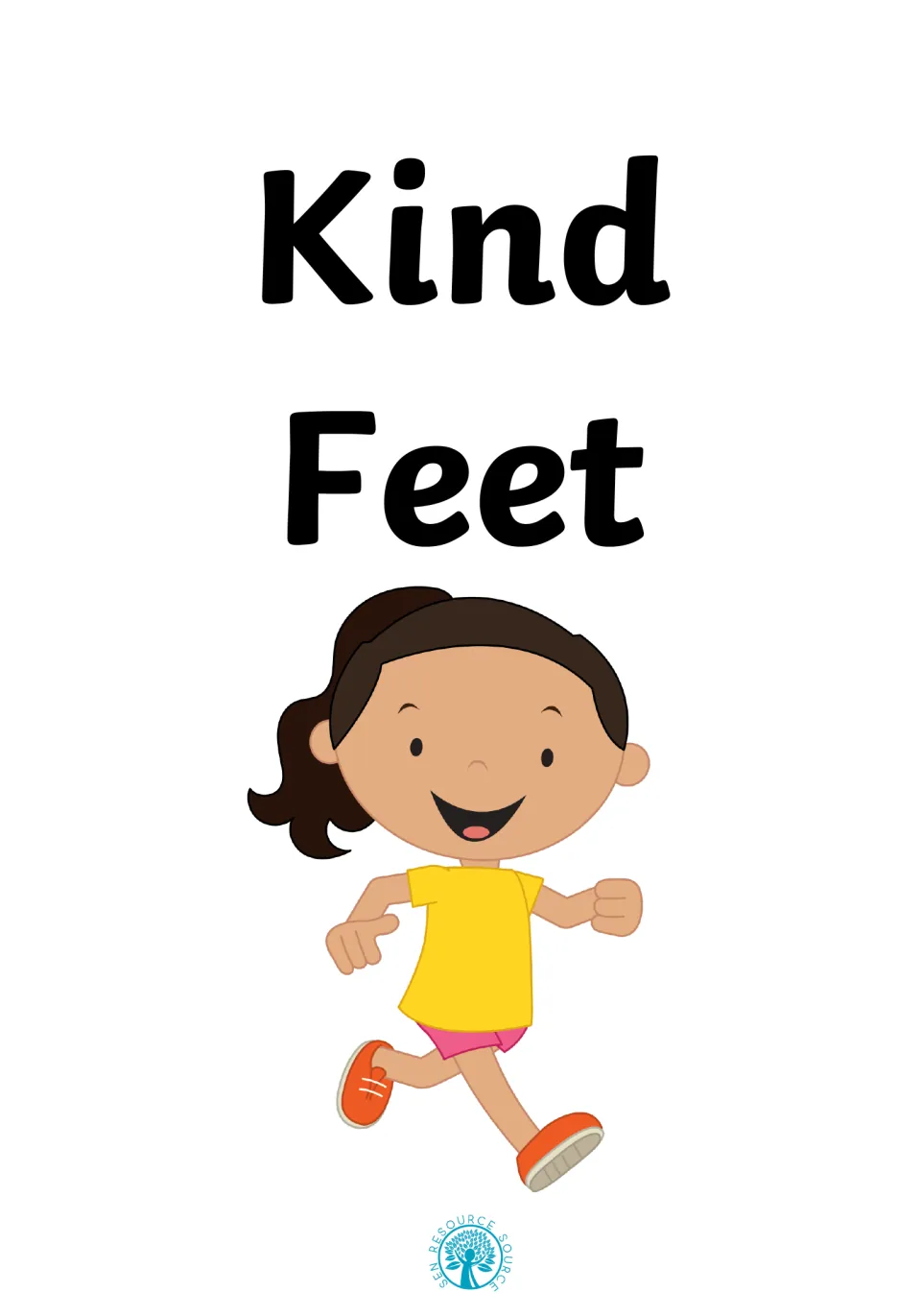 Cover of a social story titled Kind Feet, showing a smiling cartoon girl running in a yellow top and orange shoes