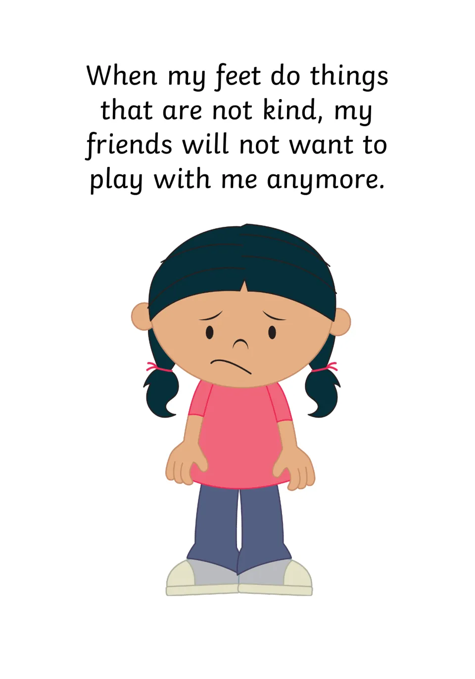 Losing friends: after unkind feet, friends will not want to play anymore, shown by a worried girl in pigtails