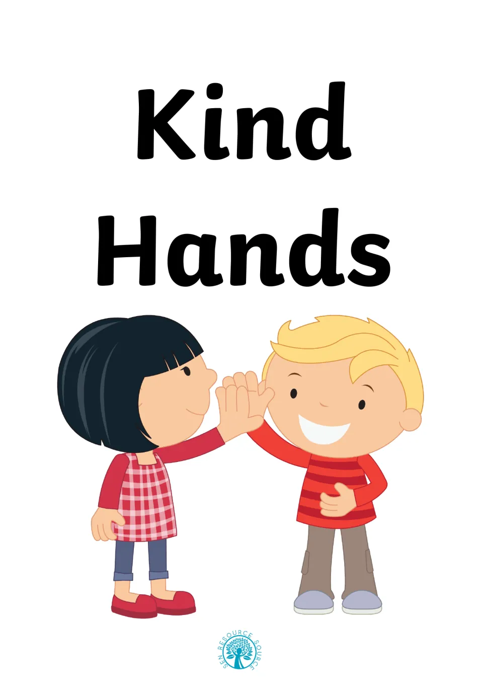 Kind Hands social story cover showing the title above two cartoon children giving each other a gentle high five