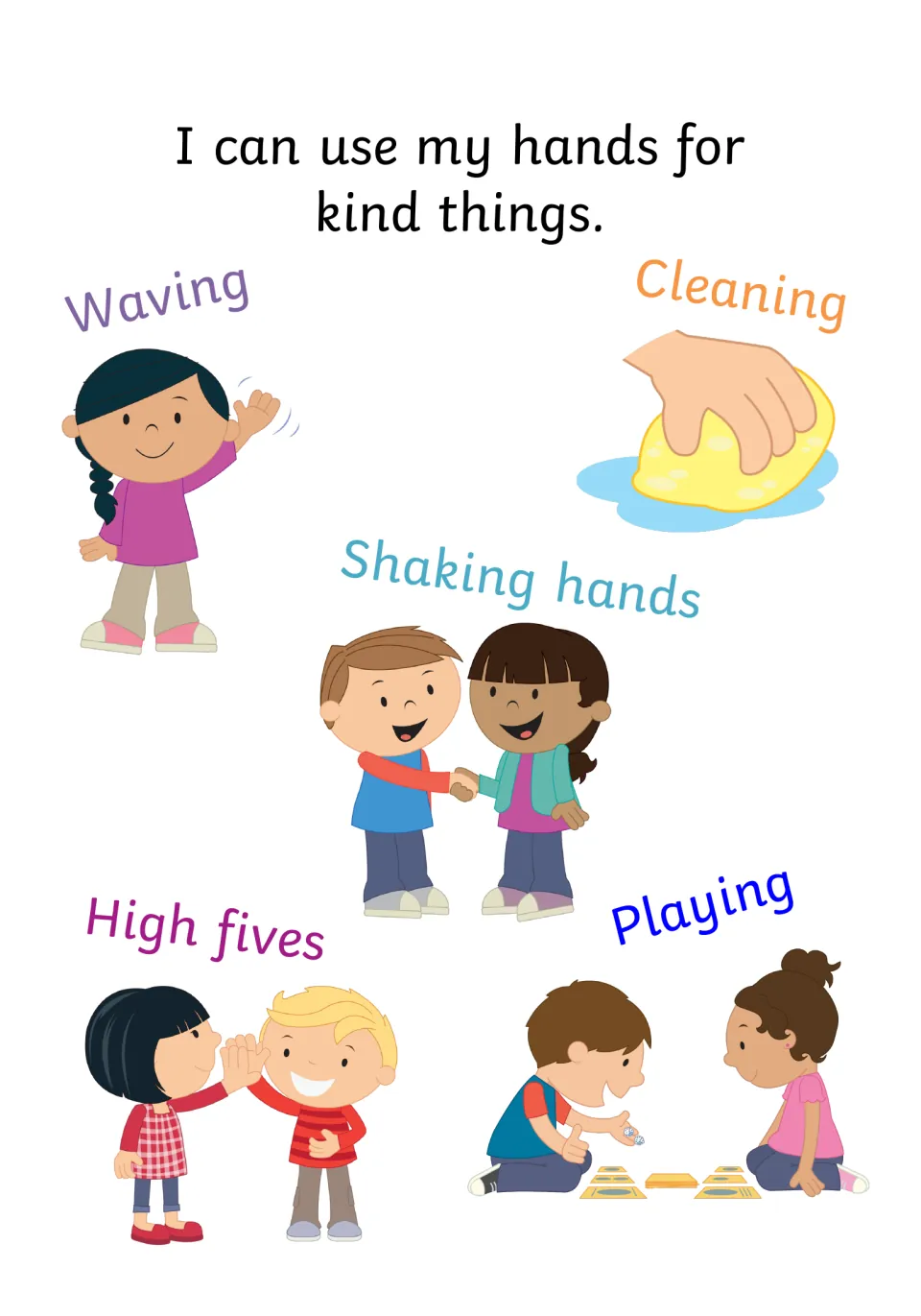 Kind uses of hands: children waving, cleaning with a sponge, shaking hands, giving high fives and playing a game