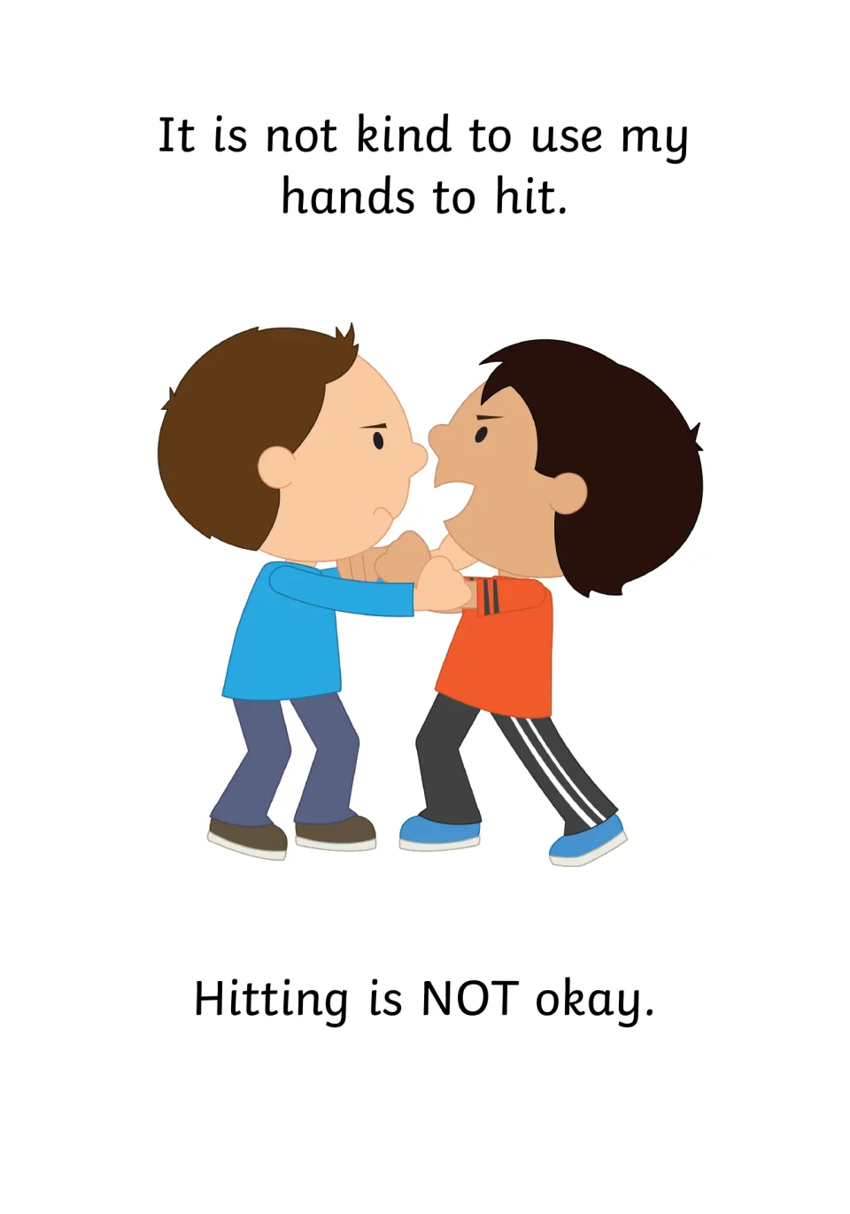 Hitting is not okay: two angry boys grab and swing at each other under the line that hands should not be used to hit