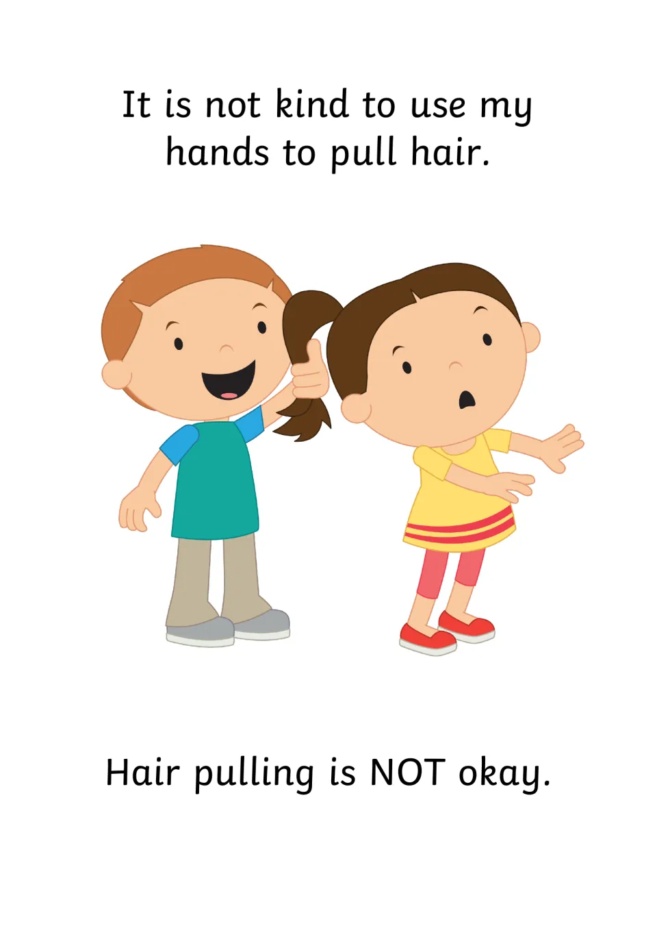 Hair pulling is not okay: a grinning boy tugs a girl's ponytail as she looks startled, with the rule written below