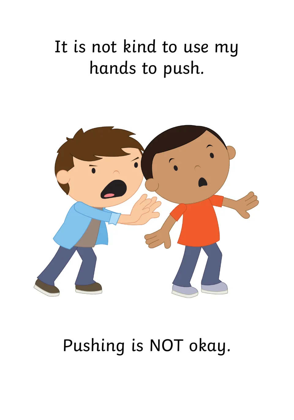 Pushing is not okay: a shouting boy shoves another boy sideways, showing why using hands to push is unkind