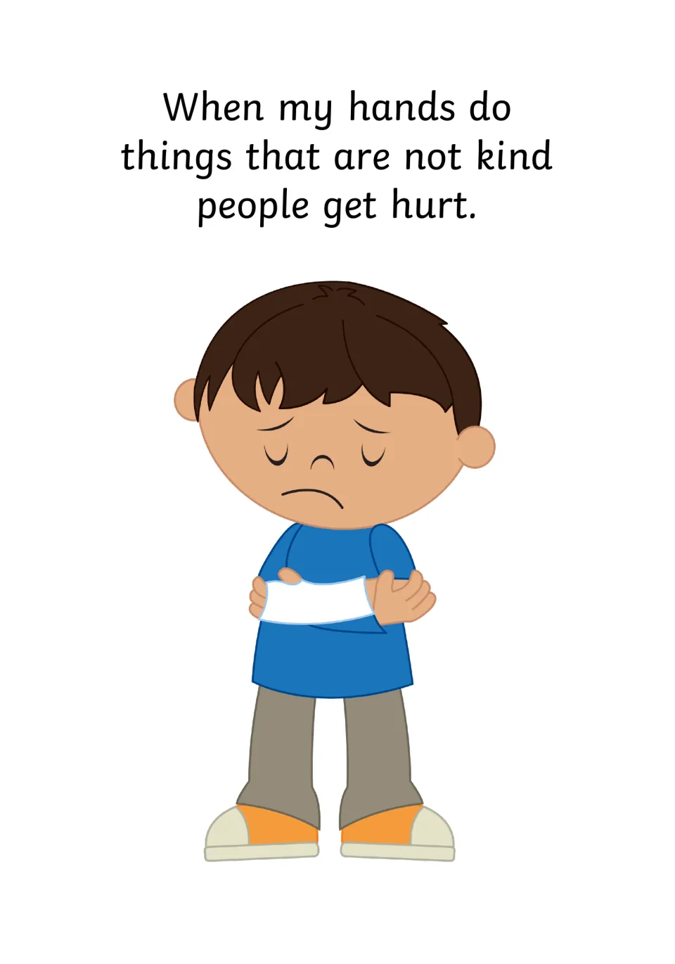 Consequence page: when hands do things that are not kind people get hurt, shown by a sad boy with a bandaged arm