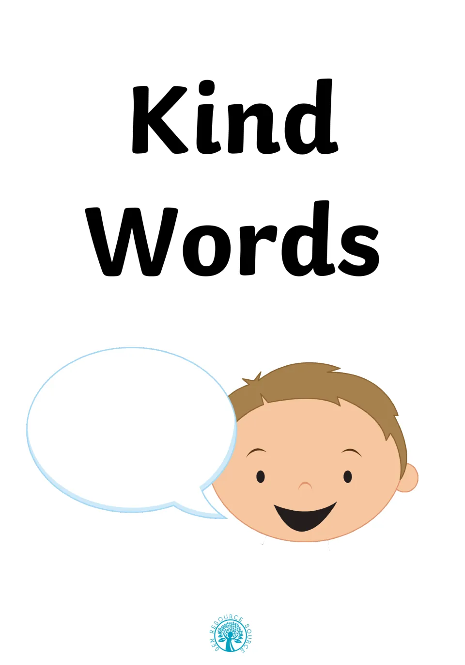 Kind Words cover: bold title above a smiling cartoon boy with an empty speech bubble, opening a story about speaking kindly
