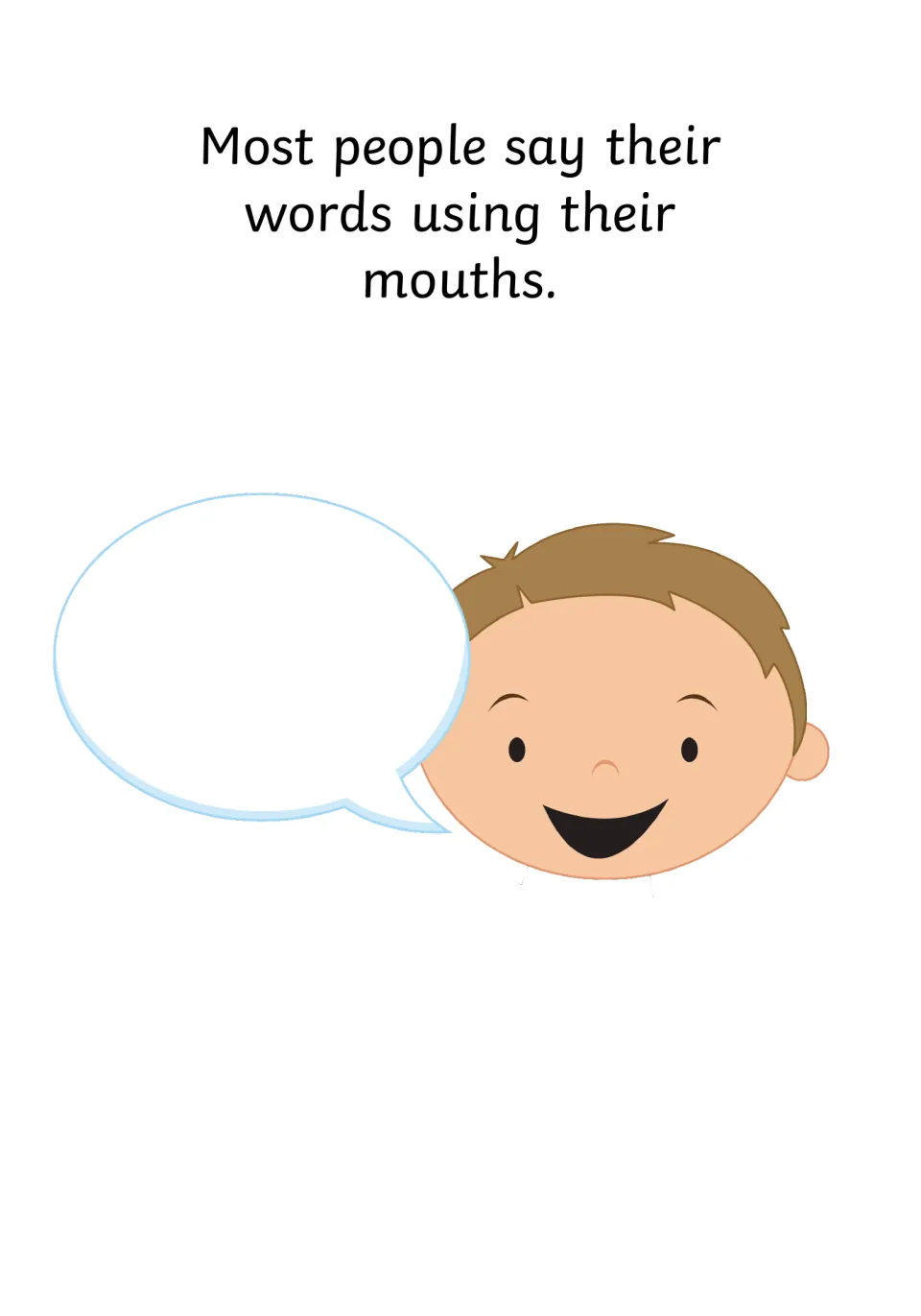 Spoken words page: a smiling boy beside an empty speech bubble shows that most people say their words using their mouths